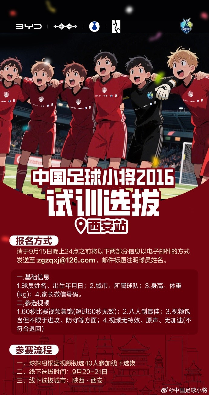 中国足球小将打造卓越2016球队，首站试训选拔即将在西安开启